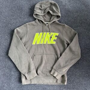 Nike Hoodie Mens Small Gray Fleece Pullover Neon Mesh Graphic Logo Sweatshirt